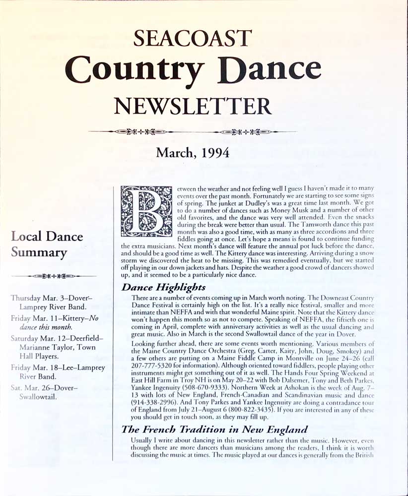 Dance Newsletter, 3-94 front
