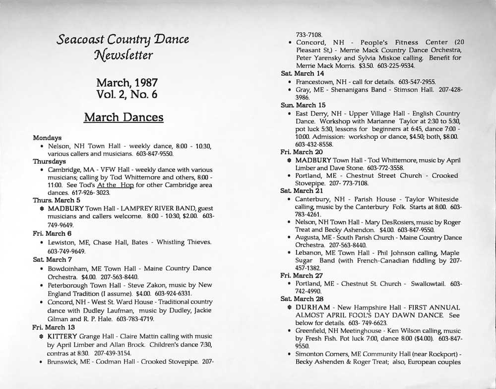 Dance Newsletter, 3-87 front